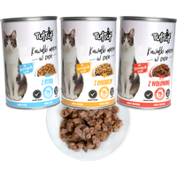 MOKRA KARMA DLA KOTA TufTuf puszka kawałki mięsne MIX SMAKÓW ZESTAW 3x415g
