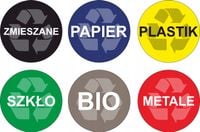 NAKLEJKI SEGREGACJA ŚMIECI 6 SZT NA KOSZ WODOODPORNE Okrągłe 6cm