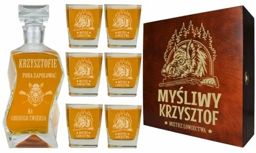 KARAFKA + 6 SZKLANEK DO WHISKY W PUDEŁKU Z GRAWEREM PREZENT DLA MYŚLIWEGO na Arena.pl