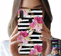 ETUI DO SAMSUNG GALAXY A20E - KWIATKI W CZARNO - BIAŁE PASKI WZORY