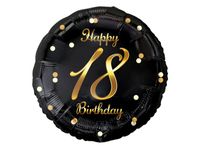Balon foliowy "B&C Happy 18 Birthday", czarny, nadruk złoty, 45 cm