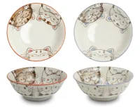 Zestaw 2 japońskich misek do ramenu, udonu różowa i niebieska, trzy kotki, okrągłe 15 x 7 cm - Emro