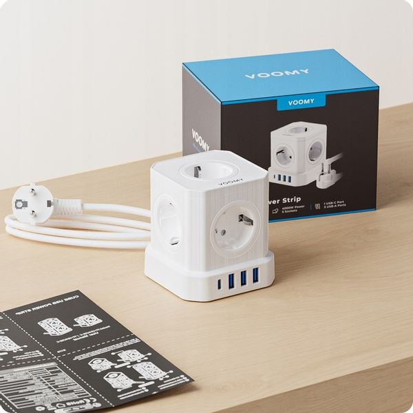 Biały Listwa Zasilająca Voomy PowerCube S6 z Jednym USB-C i Trzema USB-A zdjęcie 9