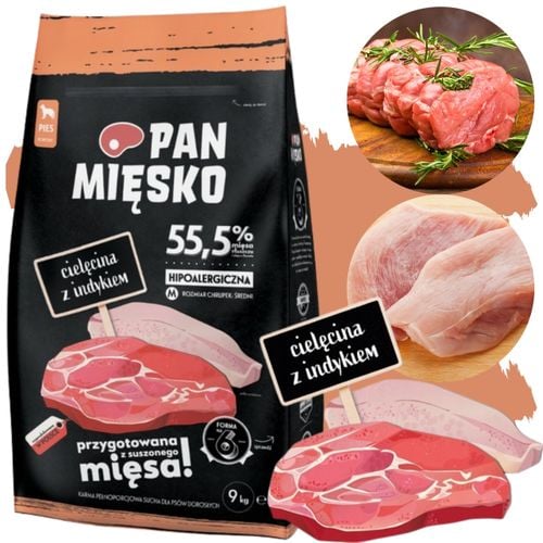 sucha karma dla psa cielęcina z indykiem pan mięsko hipoalergiczna m 9 kg na Arena.pl