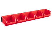 Zestaw 5 pojemników magazynowych na listwie PCV.