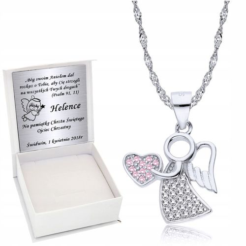 Srebrny Łańcuszek 925 Medalik Aniołek z Sercem Chrzest Grawer na Arena.pl