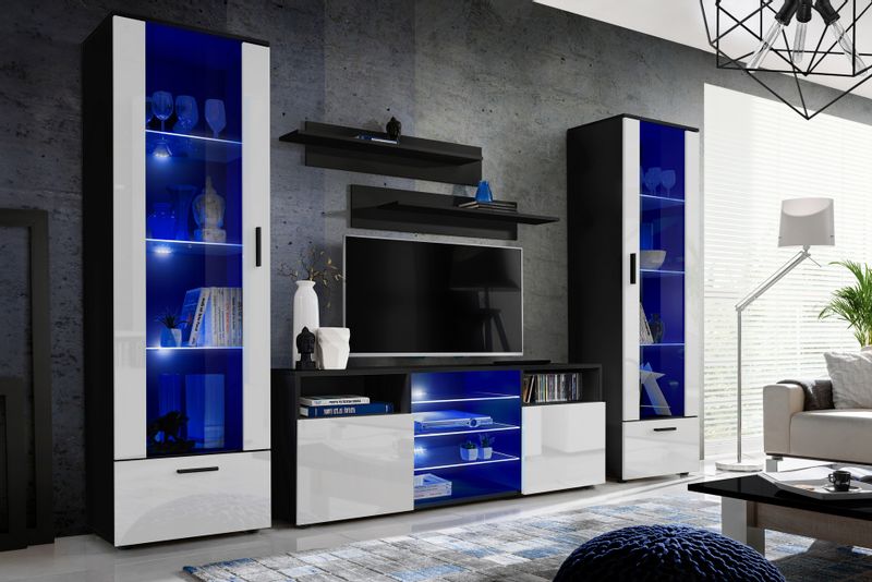 Pan Igiełka Szafka RTV LED Czarny Biały Dąb Wotan Połysk Mat  Blue LEDs zdjęcie 12