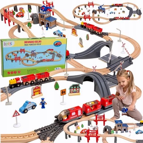 Drewniana Kolejka Elektryczna POCIĄG NA BATERIE x2 WAGONY TUNEL TOR Dźwięk na Arena.pl