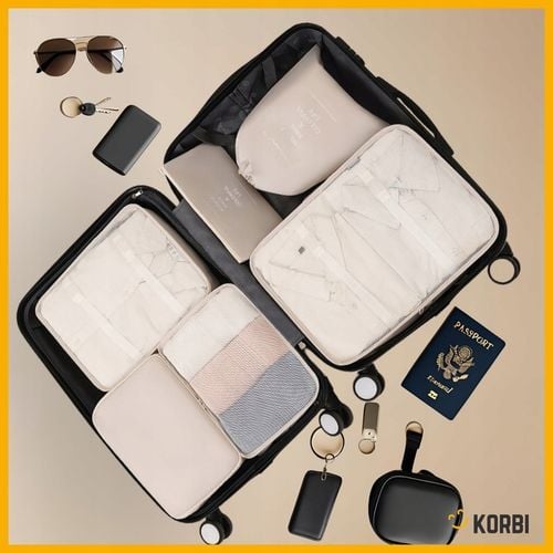 ZESTAW ORGANIZERÓW ORGANIZER PODRÓŻNY WALIZKI SZAFY UBRAŃ KOMPLET 8szt BEŻ na Arena.pl