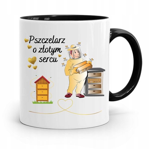 Kubek Czarny Dla Pszczelarza O Złotym Sercu Z Nadrukiem Ze Zdjęciem zdjęcie 1