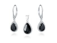 RODOWANY SREBRNY KOMPLET ŁEZKI CZARNE CYRKONIE