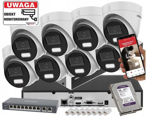 Zestaw monitoringu Hikvision 8 kamera 6Mpx IP Smart Hybrid Light Tryb Nocny na Arena.pl