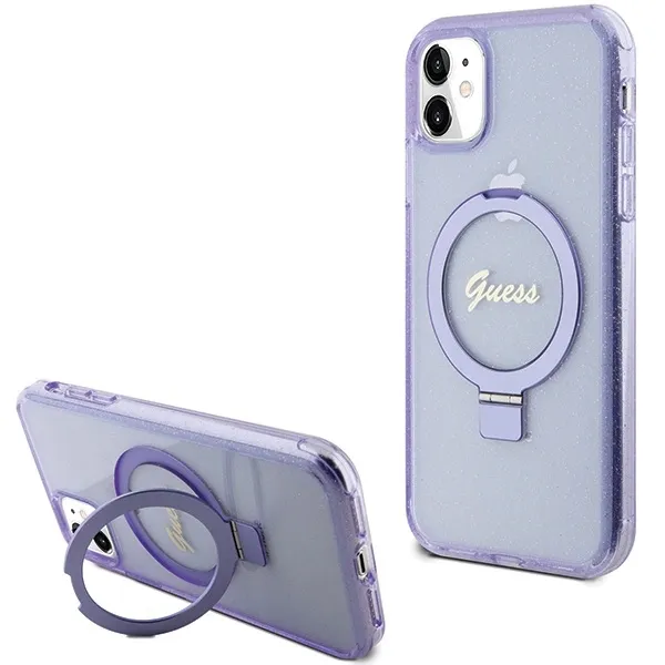 Etui Guess Ring Stand Script Glitter MagSafe na iPhone 11 / Xr - fioletowe zdjęcie 1