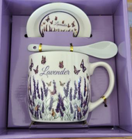 kubek ceramiczny 350ml. + podstawka + łyżeczka lawenda