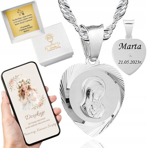 Medalik Komunijny Matka Boska Serce i łańcuszek srebrny 45cm GRAWER Komunia na Arena.pl