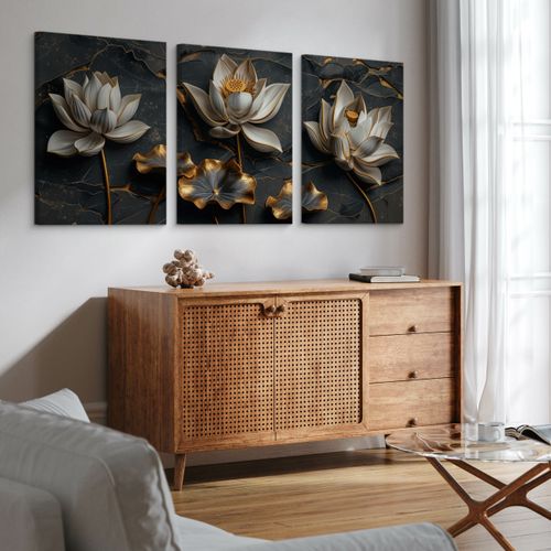 Obrazy Do Salonu Set Abstrakcyjne Białe Kwiaty Lotosu Glamour 90cm x 40cm na Arena.pl