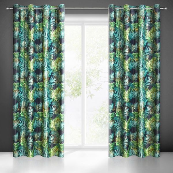 Zasłona gotowa na przelotkach DAVOS 140x250 czarno zielona w liście zdjęcie 2