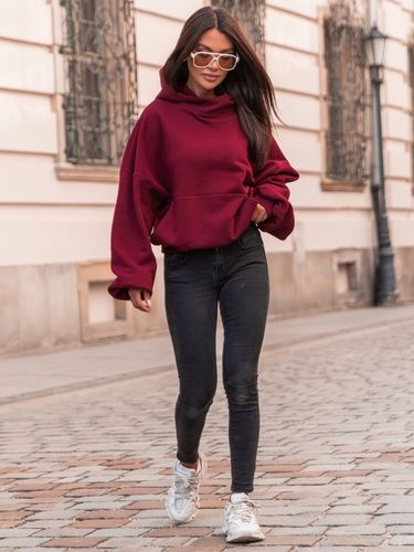 Bawełniana dresowa damska bluza z kapturem na stójce oversize bordowa na Arena.pl