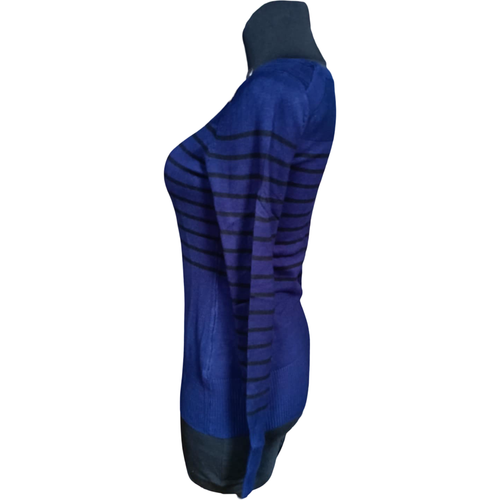 Miękki Granatowy Sweter Damski w Czarne Paski Guziki Rozmiar M Rayon na Arena.pl