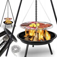 GRILL OGRODOWY TRÓJNÓG WISZĄCY PALENISKO REGULOWANY NA ŁAŃCUCHU RUSZT 49CM