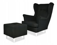 Fotel uszak ARI z podnóżkiem czarny skandynawski  pleconka