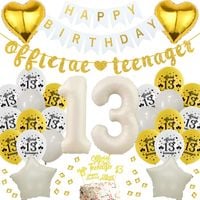 Zestaw Dekoracji 13 Urodziny 66 Sztuk Biało Złote Balony Baner Konfetti