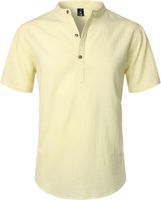 Męska Koszula Letnia Len Bawełna Żółta Stójka Krótki Rękaw S