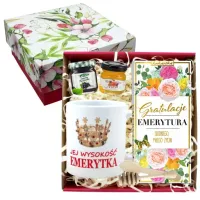 ZESTAW PREZENT EMERYTKI EMERYTA NA EMERYTURĘ kubek czekolada miód WZORY