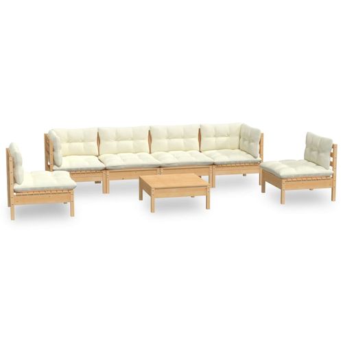 7-cz. zestaw wypoczynkowy do ogrodu, kremowe poduszki, sosnowy na Arena.pl