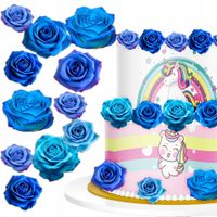 Waflowe Niebieskie KWIATKI RÓŻE na tort - OZDOBA DEKORACJA Jadalna - 32 szt