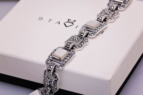 srebrna bransoletka z markazytami i masą perłową - bdm2866 na Arena.pl