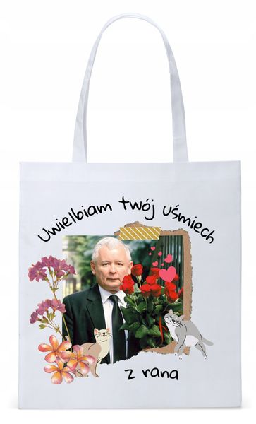 Śmieszny Pis Kaczyński Torba Eco Biała Shopper Z Nadrukiem Ze Zdjęciem zdjęcie 1