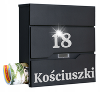 SKRZYNKA POCZTOWA NA LISTY POCZTĘ NAPIS Z NAZWĄ ULICY NUMEREM DOMU CZARNA