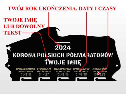 Wieszak na medale KORONA PÓŁMARATONÓW twoje imię dowolny tekst 301.1 na Arena.pl