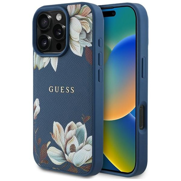 Etui Guess Grained Printed Flower Pattern MagSafe do iPhone 16 Pro niebiesk zdjęcie 1