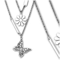Naszyjnik srebrny stal chirurgiczna damski podwójny kwiat motyl
