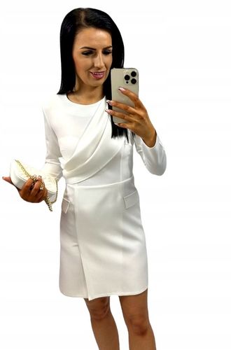 Elegancka sukienka z szarfą, plisą idealna na komunię i chrzciny ECRU M na Arena.pl