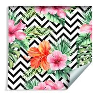 Tapeta Egzotyczne Liście i Kwiaty na Czarno - Białym Tle