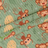Materiał Sztruksowy Zielony z Motywem Małp 1m x 140cm do Dekoracji
