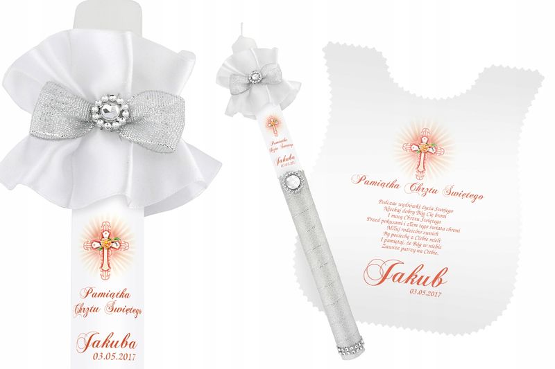Szatka i świeca do CHRZTU biała IMIĘ DATA WZORY zdjęcie 6