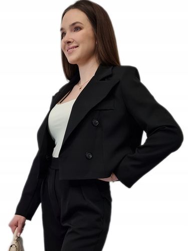 Modna MARYNARKA KRÓTKA Czarna, Nowoczesny Żakiet Damski do Garnituru, r. S na Arena.pl