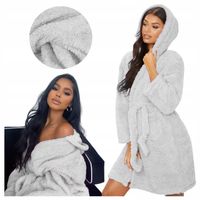 Szlafrok Damski Ciepły Miękki Gruby z Kapturem Szary Wiązany W Talii Zimowy