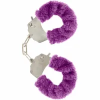 toyjoy furry fun mankietki z pluszem fioletowe stalowy łańcuszek