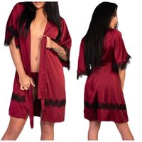 SZLAFROK SATYNOWY Z KORONKĄ BORDOWY WIĄZANY S/M