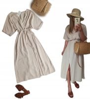 Sukienka muślinowa długa bawełna beżowa rozcięcie