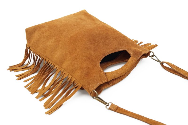 VERA PELLE torebka zamszowa listonoszka boho z frędzlami V406 brązowa zdjęcie 8