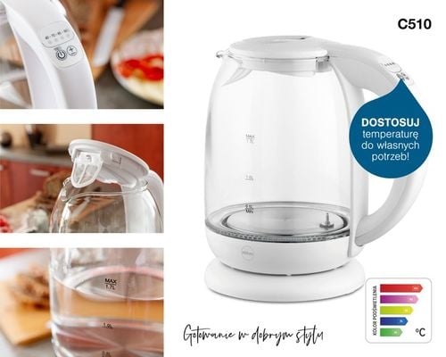 CZAJNIK ELEKTRYCZNY BEZPRZEWODOWY SZKLANY C510 2200W 1,7l BIAŁY na Arena.pl