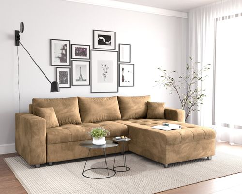 Kanapa Narożnik Rozkładany z Funkcja Spania i Pojemnikiem MIMOS Beżowy na Arena.pl