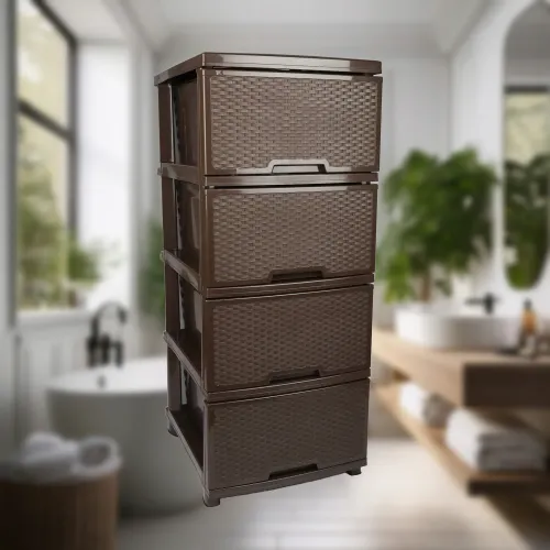 REGAŁ ŁAZIENKOWY BRĄZOWA KOMODA STOJAK SŁUPEK SZAFKA Z 4 KOSZAMI RATTAN na Arena.pl