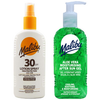 Malibu SPF30 Wodoodporny Spray 200ml + Aloe Żel Po Opalaniu 200ml